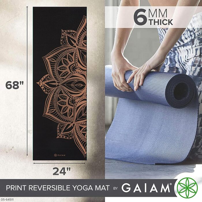 Йогамат Gaiam Premium 6 мм - двостороння, товста, нековзна для йоги, пілатесу та вправ на підлозі (172,7 x 61 x 6 мм) з бронзовим медальйоном