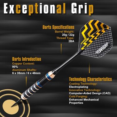 Дарти Turnart Metallspitze - Професійний набір дротиків 6 шт (22/24 г, блакитні) з латунними корпусами та сталевими наконечниками