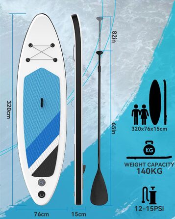 Надувна SUP-дошка 320x76x15 см, комплект для дорослих: ультралегке весло, ручний насос, плавець, рюкзак