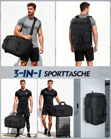 Спортивна сумка RAINSMORE 45L 3-в-1 для фітнесу та подорожей, водонепроникна дорожня сумка з відділенням для взуття та мокрих речей, чорна