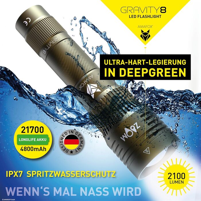 Ліхтар тактичний AMAFOX G8 Megabeam LED - 2100 люмен, 21700 mAh, USB-C, військовий зелений, модель 2025