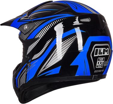 Дитячий мотоциклетний шолом ILM Motocross з окулярами та рукавичками, ECE сертифікований (S, Синій/Срібний)