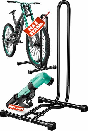 Підставка для велосипеда KESSER® для гірського, електро-, та міського велосипеда, шосе, MTB | Рейс-станд | Самостійна підставка для велосипеда, залізна | Ширина шини до 65 мм | Включає повітряний насос, чорний, 1 шт.