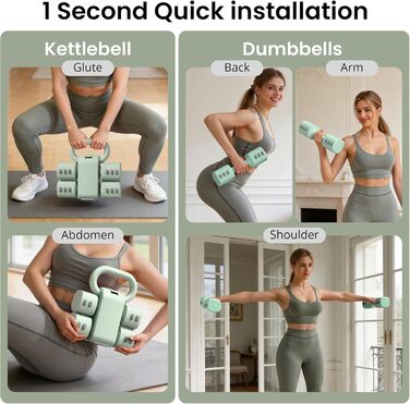 Набір гантелей 2-в-1: регульовані гантелі та м'ячики-гантелі, 4 ступені зміни ваги (1-2.5 кг), для жінок, домашні тренування, з антиковзаючим кріпленням. Зелений колір.