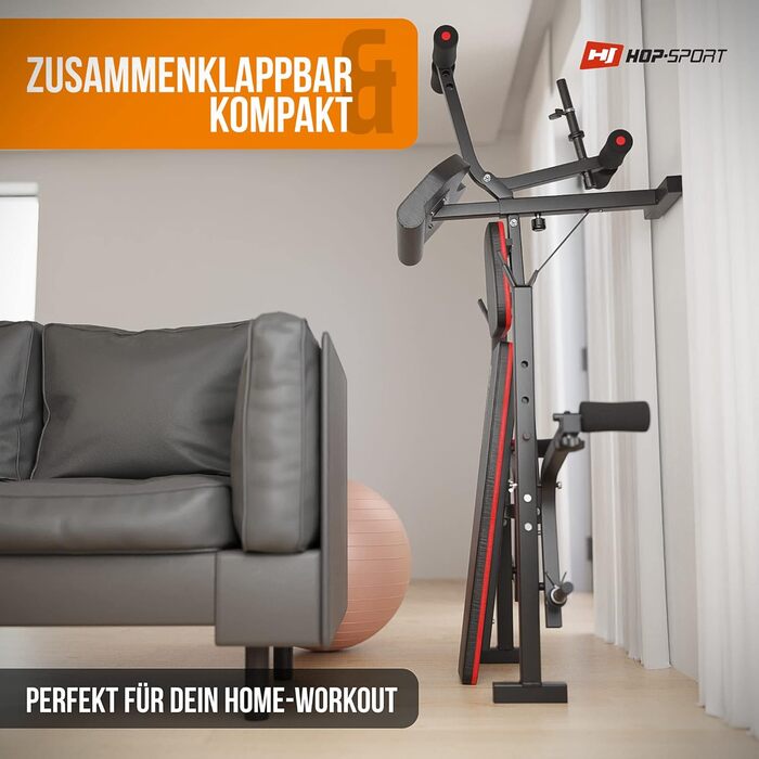 Складана лавка для жиму Hop-Sport HS-1055 з тримачем для штанги, підставкою для біцепса та батерфляєм, регульована тренувальна лавка, чорна/червона