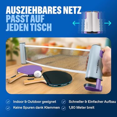 Набір для настільного тенісу PRO-SPIN - з сіткою, м'ячами, сумкою | Для гри 2 гравців | Преміум якість | Фіолетовий/Блакитний