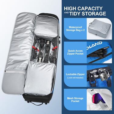 Чохол для лиж на колесах Odoland, водонепроникний, для подорожей літаком, 190 см (синій)