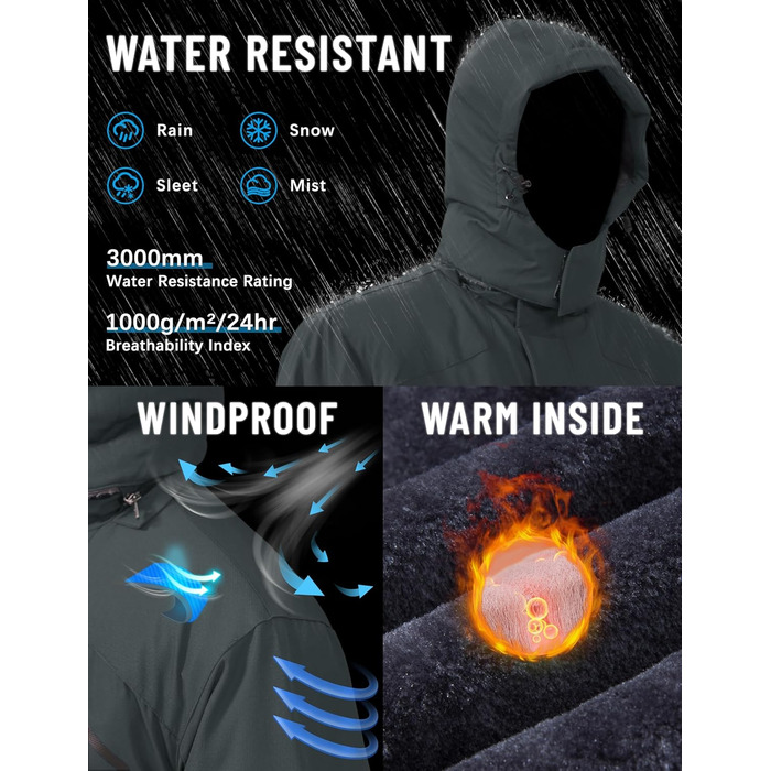 TACVASEN чоловіча зимова водонепроникна вітрозахисна куртка з флісовою підкладкою, для катання на лижах, водонепроникний дощовик з капюшоном, армійного кольору (XXL, вугільно-сірий)
