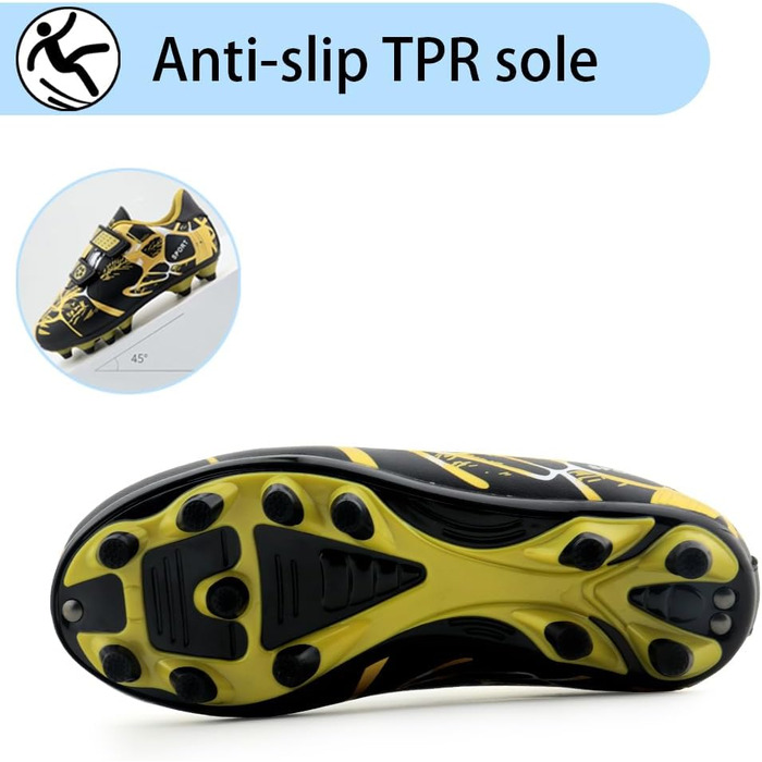 Дитячі футбольні бутси для хлопчиків та дівчаток, бутси для тренувань на штучному газоні, спортивне взуття, шипи, унісекс, 35 EU, чорний/золотий