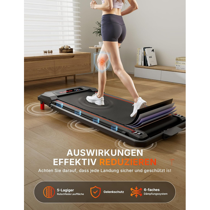 Біговий доріжки з нахилом 5%, компактний під стіл для дому та офісу, портативна бігова машина з LED дисплеєм, пульт дистанційного керування, вантажопідйомність 150 кг, 2.5HP тихий двигун (Чорний/Червоний)