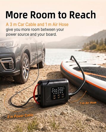 Електричний насос для SUP дощок 20 PSI з адаптером 12V для авто, подвійний режим накачування/здування, авто-стоп, для SUP, каяків, надувних басейнів та наметів, чорний
