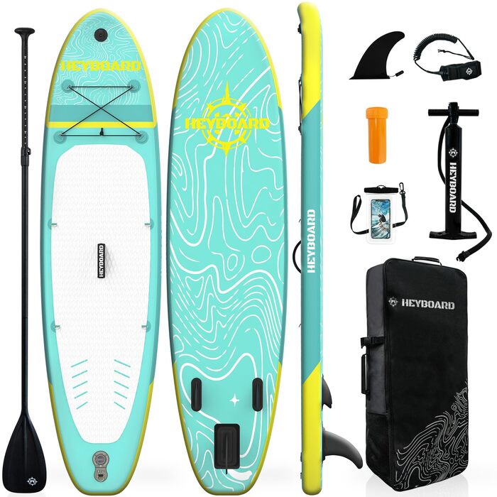 Надувне SUP Board HEYBOARD 320x81x15 см, комплект з рюкзаком, веслом, насосом, шнуром та знімною планкою, м'ятно-зелений