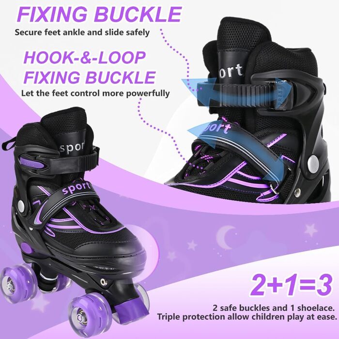 Дитячі ролики DUZSKJ регульовані, з підсвічуванням, для хлопчиків та дівчаток, чорно-фіолетові