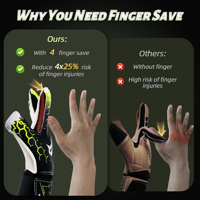 Воротарські рукавички WVVOU для дітей та дорослих, дитячі та юніорські, з технологією Fingersave, з гарним зчепленням для тренувань та ігор (8, чорний)