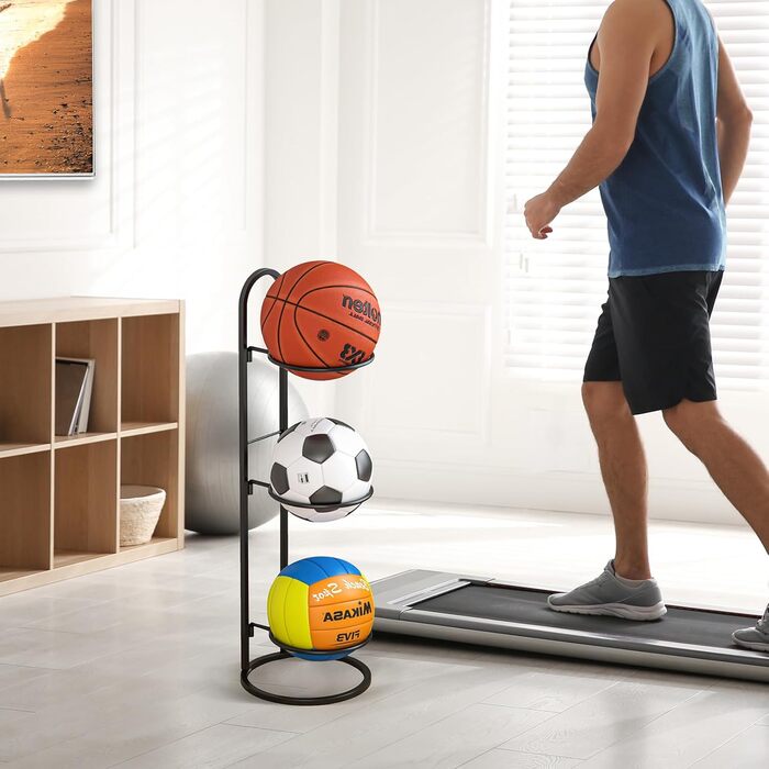 Стійка для м'ячів AGTEK: Органайзер для гаража, 3 кошики для баскетбольних, футбольних та волейбольних м'ячів, чорний