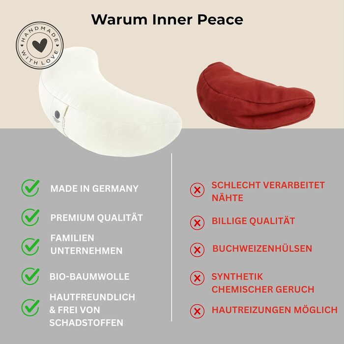 Подушка для йоги та медитації Inner Peace Halbmond 42x20 см, бавовна Біо, з лушпинням гречки, знімний чохол (натуральна)