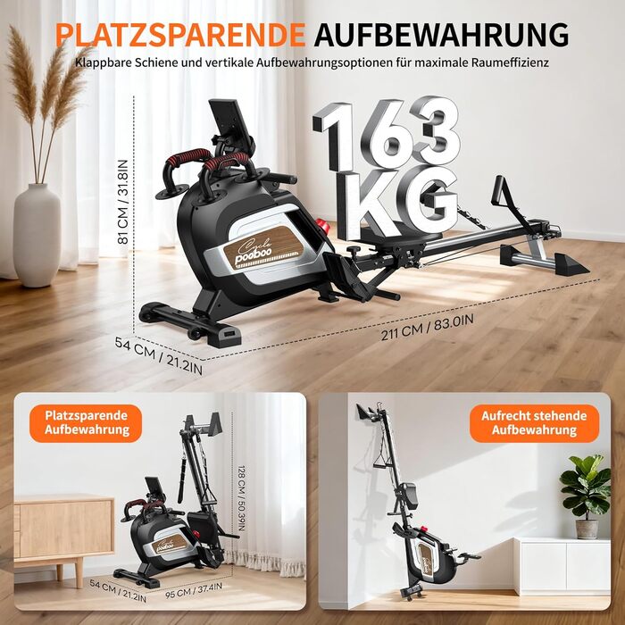 Гребний тренажер Pooboo з магнітною системою опору, 360 lbs, складаний, з тримачем для планшета та зручним сидінням, для дому H015-3