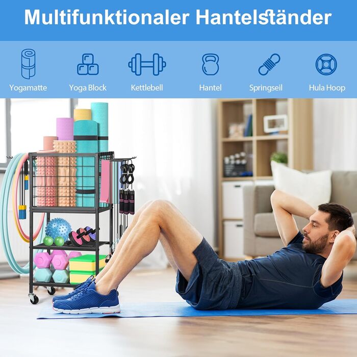 Стійка для гантелей та йога-матів LIANTRAL з колесами та гачками, чорна. Багатофункціональна стійка для зберігання спортивного обладнання для дому