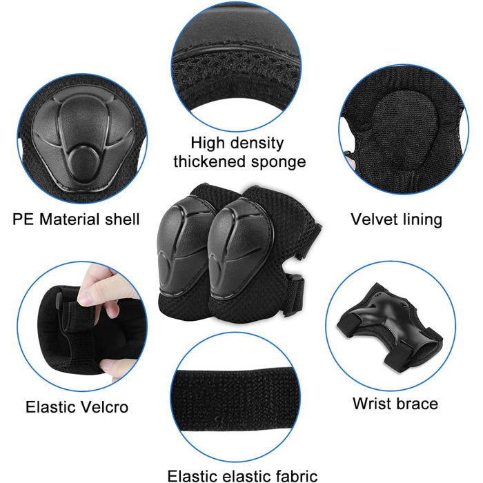 Набір наколінників Kinder 6 в 1: захист колін, ліктів, зап'ясть для скейтбордингу, інлайнів, Hoverboard, велосипеда (чорний)