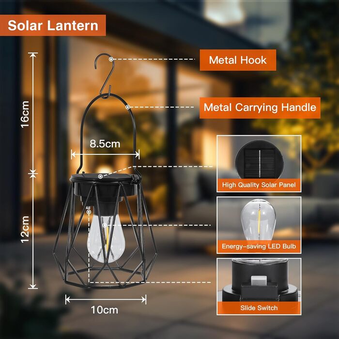 Сонячні ліхтарі для саду та вулиці, 2 шт. - Водостійкі металеві ліхтарі LED, для газону, патіо, кемпінгу, чорні, восьмикутні