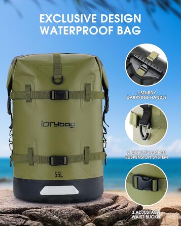 Водонепроникний рюкзак IDRYBAG 55L для подорожей, каякінгу, плавання та paddle-boarding, зелений