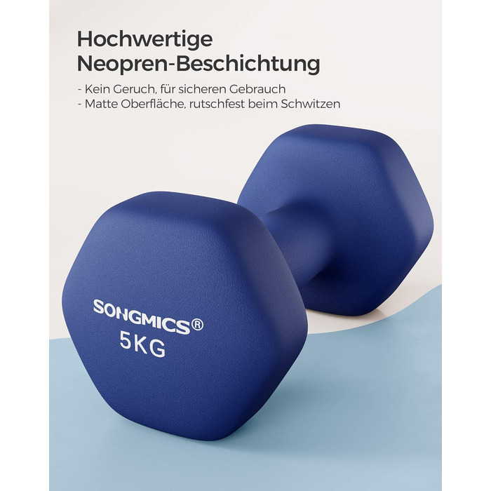 Гантелі SONGMICS 2 x 5 кг, неопрено́ві, шестигранні, набір для силових тренувань вдома, сині