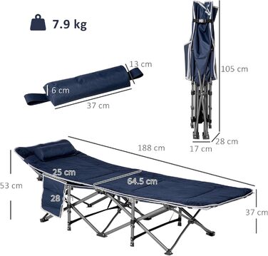 Розкладне туристичне ліжко Outsunny з подушкою та кишенею, 188 x 64,5 x 53 см, до 150 кг, синій