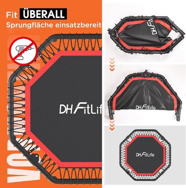 Трамплін для фітнесу DH FitLife, складаний, з тихою гумовою пружинною системою, без встановлення. Діаметр 115/128 см (45/50 дюймів), для занять в приміщенні та на вулиці, з 3 регульованими рівнями ручки.