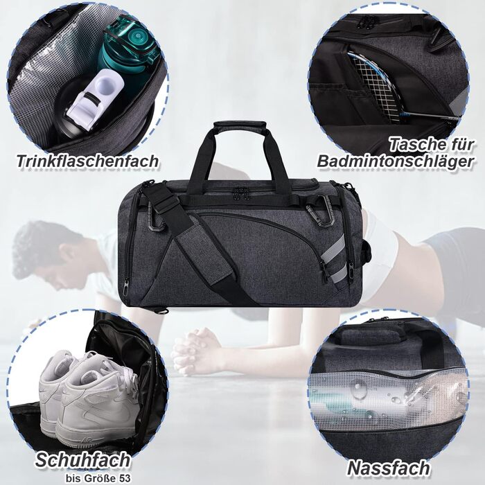 Спортивна сумка BERTASCHE 50 л з відділенням для взуття та вологих речей, рюкзак для тренувань, фітнесу, басейну, сауни, подорожей, для чоловіків і жінок
