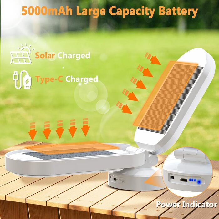 LED кемпінговий ліхтар Hapfish на акумуляторі, 5000mAh, сонячний, вологостійкий, для намету, чорний, білий