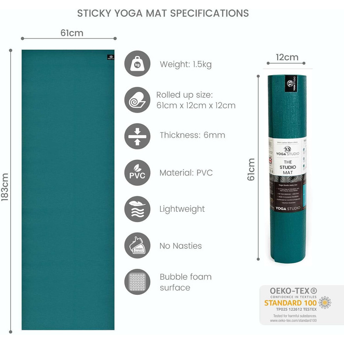 Йога-мат Yoga Studio, нековзкий, міцний, Oeko-Tex, для фітнесу, йоги та пілатесу, 183×61×0,6 см, бірюзовий