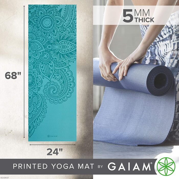 Йога мат Gaiam Premium 5 мм – нековзна тренувальна та фітнес-мат для йоги, пілатесу та тренувань на підлозі (172,7 x 61 x 5 мм, Paisley Frost)