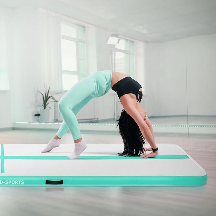 Гімнастичний мат Airtrack ECD Germany для тумблінгу та фітнесу, надувний мат для гімнастики 500x100x10 см, м'ятно-зелений, з електричним насосом та сумкою