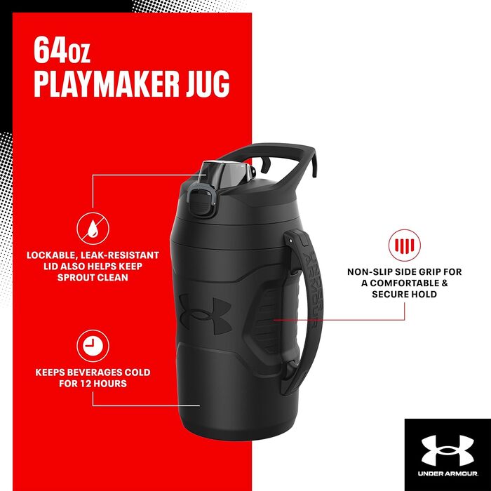 Пляшка для води Under Armour Playmaker Sport, 1,8 л, чорна, термоізольована, із ручкою, не протікає