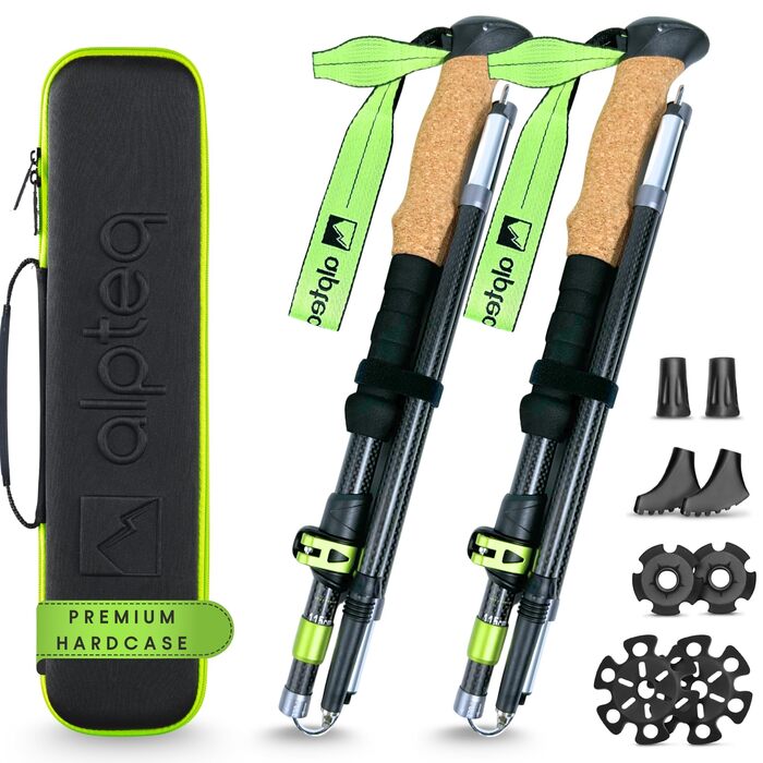 Складні трекінгові палиці для походів та Nordic Walking: карбон/алюміній, ручка з корку, 115-135 см, салатовий