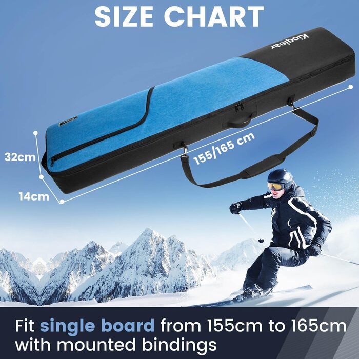 Чохол для сноуборду Kioqiear з підсиленим захистом, 165 см, блакитний. Підходить для перевезення в літак, вміщує сноуборд, маску, рукавички, черевики.