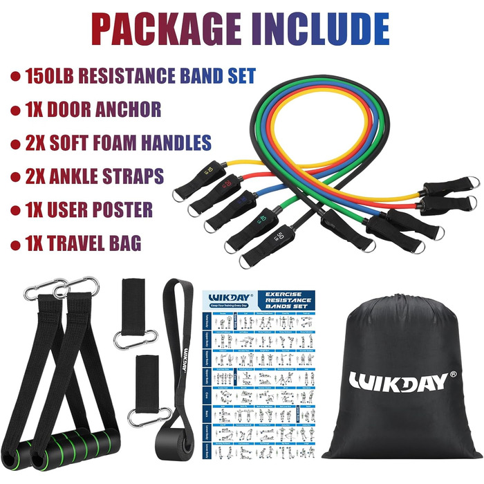 Еластичні гумки WIKDAY для фітнесу: комплект з ручками, фіксатором для дверей та ремінцями для щиколоток. Ідеально для силових тренувань, розтяжки, кросфіту та домашніх занять. Кольори: жовтий, червоний, синій, зелений, чорний.