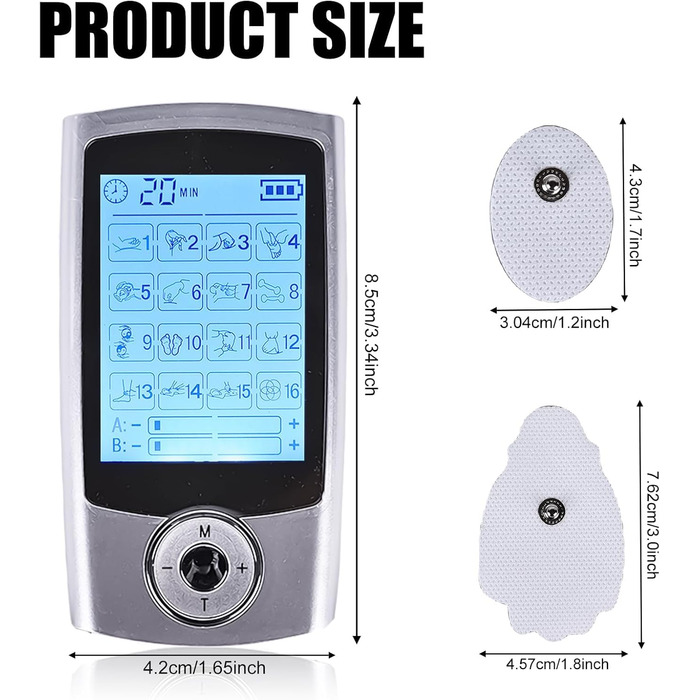 Пристрій TENS 16 режимів: електростимулятор для зняття болю та розслаблення м'язів. 16 програм, 20 рівнів інтенсивності, 2 канали, EMS, преміум електроди (білий)
