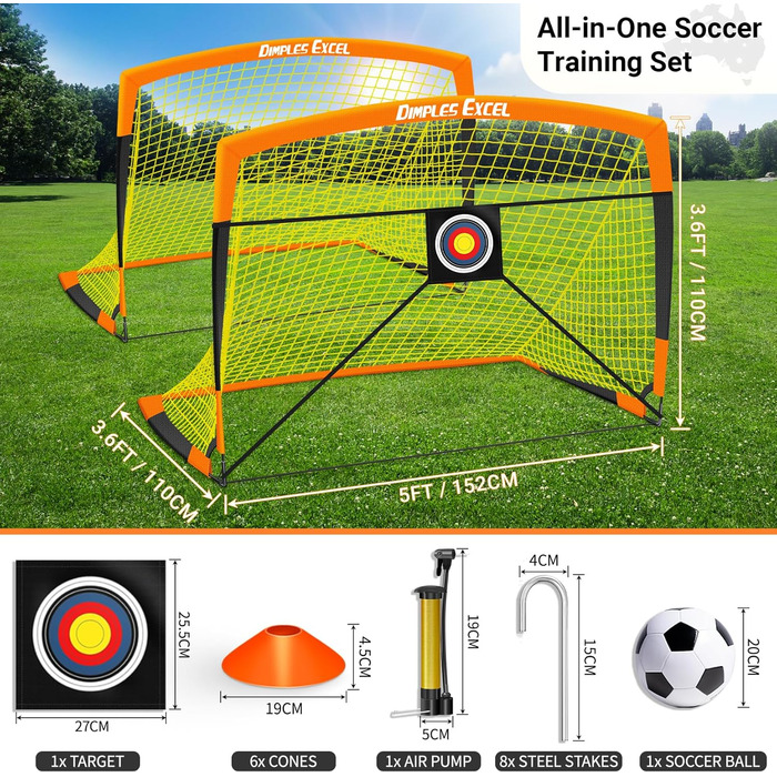 Ворота для футболу Dimples Excel Pop-Up – розкладні для дітей | 1 або 2 шт. у розмірах 120x90 / 152x110 / 213x152 см | 3 кольори на вибір | Опційно з м'ячем, насосом, фігурками та мішенню | Для саду та як подарунок (2-152x110 Оранжевий+Аксесуари)