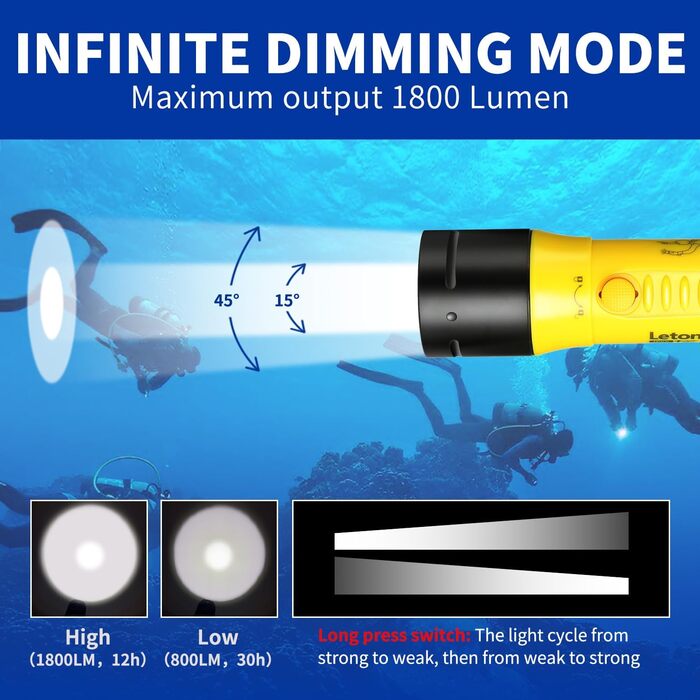 Ліхтар підводний Tauchlampe 1800 Lumens IPX8 (100м) - Професійний, перезаряджуваний, 5500K, для дайвінгу та підводного полювання
