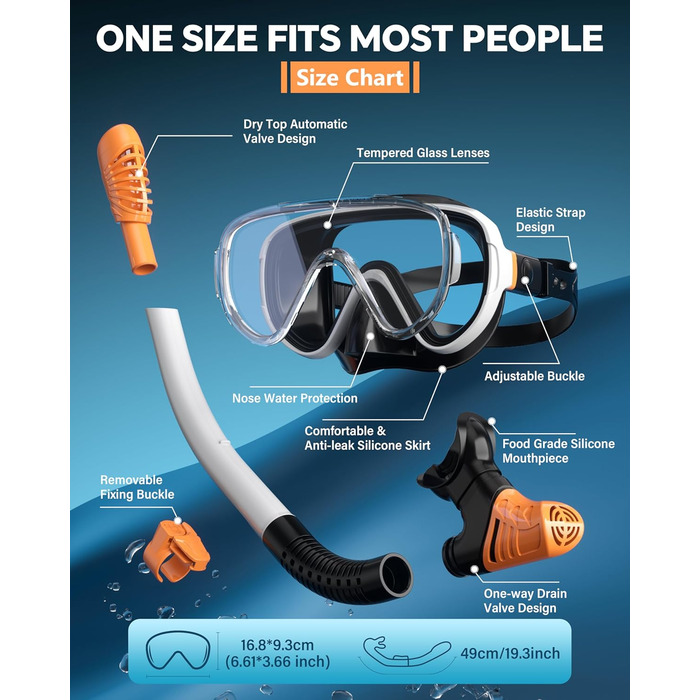 Набір для снорклінгу G2RISE для дорослих: маска та трубка для плавання, дайвінгу та снорклінгу. Зручна маска з загартованими лінзами та регульованою застібкою. Біло-помаранчевий колір.