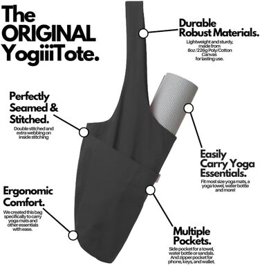 Сумка для йогамата Yogiii | Оригінальна YogiiiTote | Сумка для йогамата з великою бічною кишенею та кишенею на блискавці | Підходить для більшості розмірів матів | Чорний обсидіан
