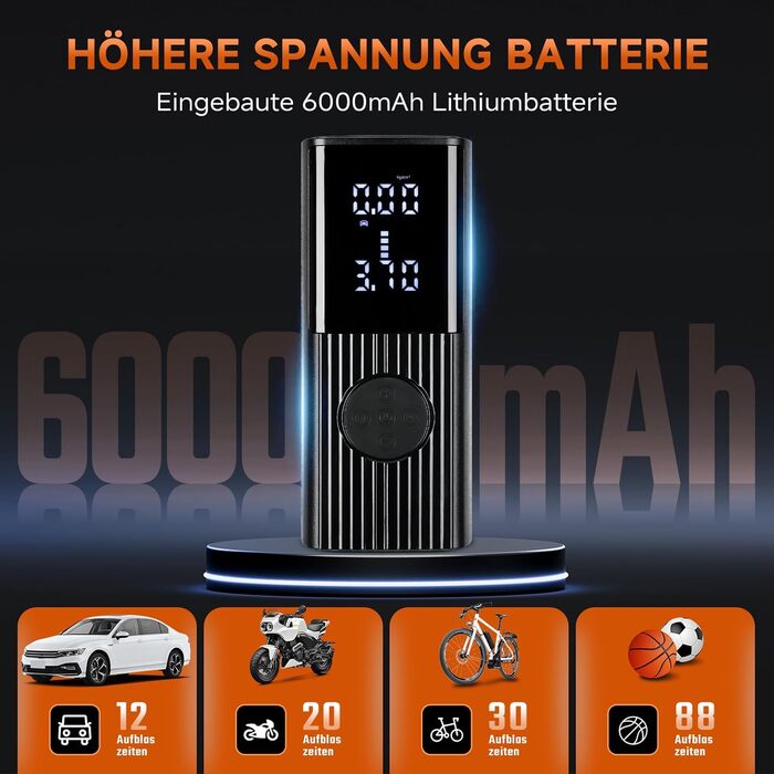 Портативний електричний компресор GEAREVER 6000mAh, 150 PSI, 12V, з LED-ліхтарем та USB Powerbank для авто, велосипедів, мотоциклів і м'ячів