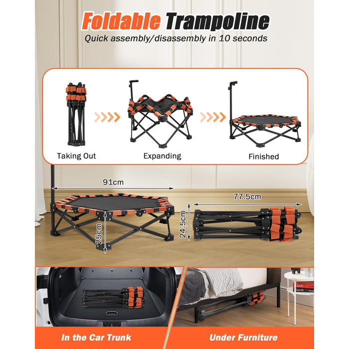 Трамплін для фітнесу Ø106 см, складаний з регульованою штангою, вантажопідйомність 150 кг, без встановлення, стабільний та тихий, для дітей та дорослих