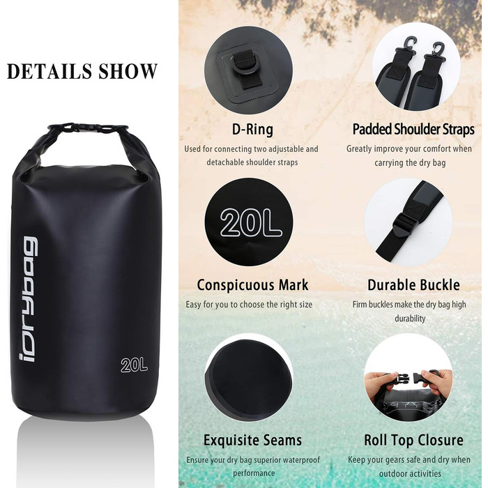 Водонепроникний мішок IDRYBAG 20L: для каякінгу, сплавів, відпочинку на пляжі та подорожей