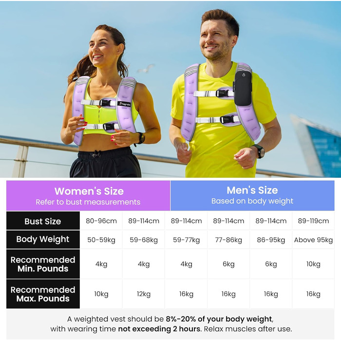 Вага для тренувань FraGraim з регулюванням ваги 8/10/12 кг, з кишенею для телефону та світловідбиваючими смугами, для фітнесу, кардіо та ходьби, фіолетовий