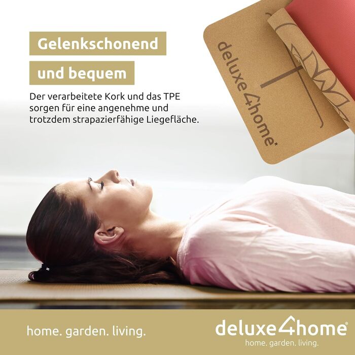 Йога мат для фітнесу Deluxe4Home® з корку, TPE, з ручкою для перенесення, з лінійками для вирівнювання, червоний