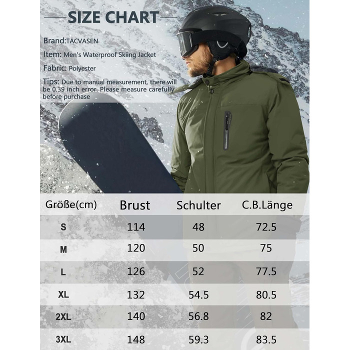 TACVASEN Зимова куртка для чоловіків, водонепроникна, тепла, флісова підкладка, софтшел, дихаюча, функціональна куртка з відстібаною капюшоном (S, армійний зелений)