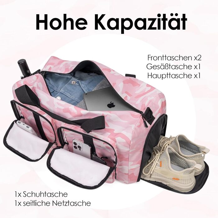 GreenTaya спортивна сумка 40 л з відділенням для взуття, водонепроникна дорожня сумка для жінок і чоловіків, велика тренувальна сумка для фітнесу, спортзалу, плавання, рожевий камуфляж