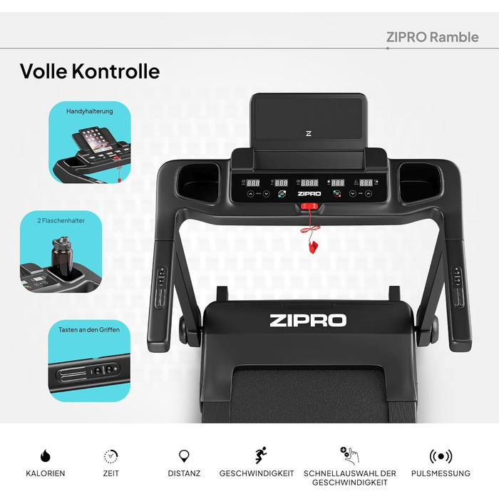 Біговий тренажер ZIPRO Klappbar: 1-16 км/год, 12 рівнів нахилу, LED-дисплей, компактний та тихий, з додатком